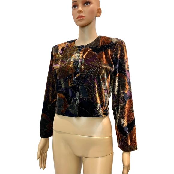 80s Cropped Painted Velvet Jacket | Metallic Brown Purple Rust | SP - Picture 3 of 9